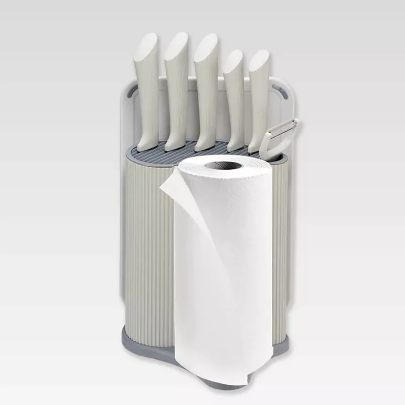 Noa/nugade plokkkomplekt Maestro MR-1413-hall — 8-osaline roostevabast terasest teradega, hallide käepidemetega, sisaldab peakoka-, leiva-, viilutus-, universaalnuga, peterselli nuga, koorijat, lõikelauda, paberrätihoidjat