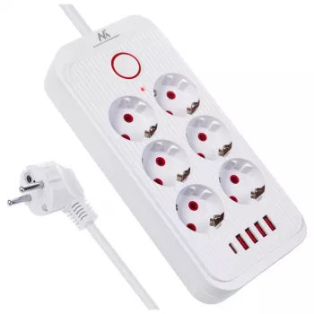 Pikendusjuhe MACLEAN MCE391 W — 6 pistikupesa, 4×USB-A + 1×USB-C, 3 m kaabel, 110–240 V, 2500 W, valge