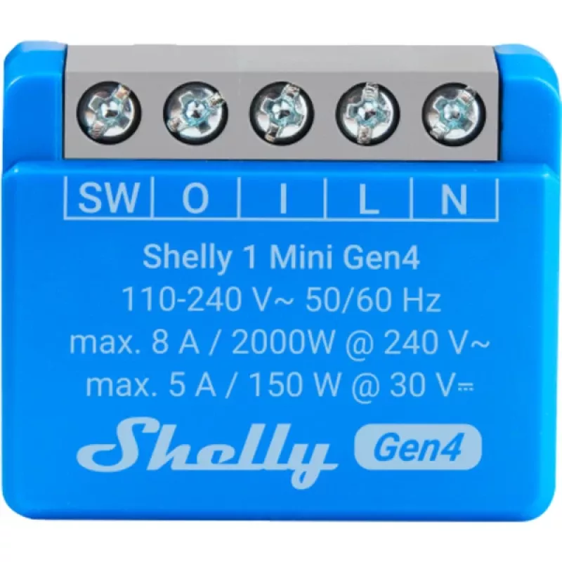 Nutireleemoodul Shelly 1 Mini Gen4, 1P 8A, Wi‑Fi/Matter/Zigbee/Bluetooth, 110–240V, kompaktne (2 tk)