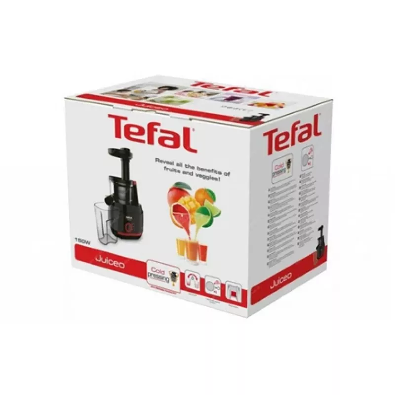 Aeglane mahlapress Tefal Juiceo ZC150 — 150 W, 4,5 cm toitetoru, 0,8 l mahla- ja viljalihamahutid, 80 p/min, must/punane