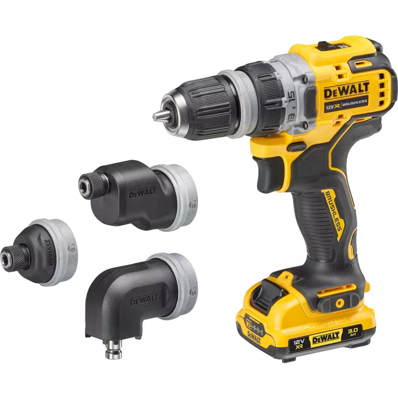 Püstolkäepidemega puur DeWALT DCD703L2T-QW — 12 V, 3,0 Ah x2, 1500 p/min, 10 mm kiirkinnituspadrun, 25,5 N·m, 0,9 kg