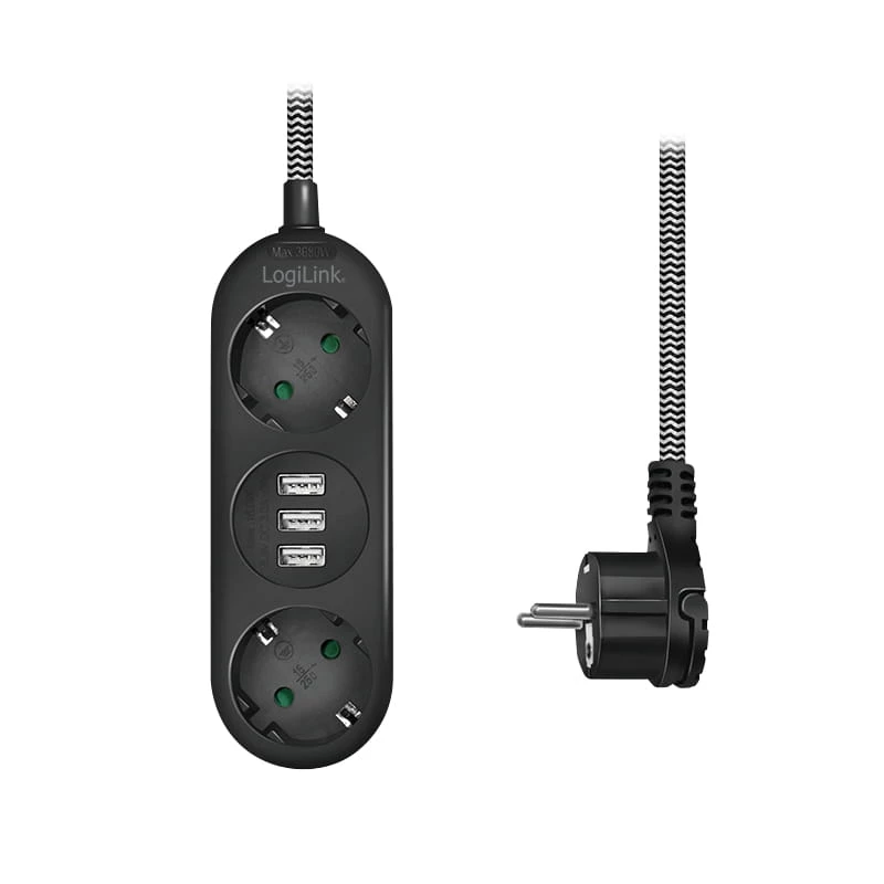 Pikendusjuhe LogiLink LPS262U 1,5 m 2 vahelduvvoolupistikut siseruumidesse must