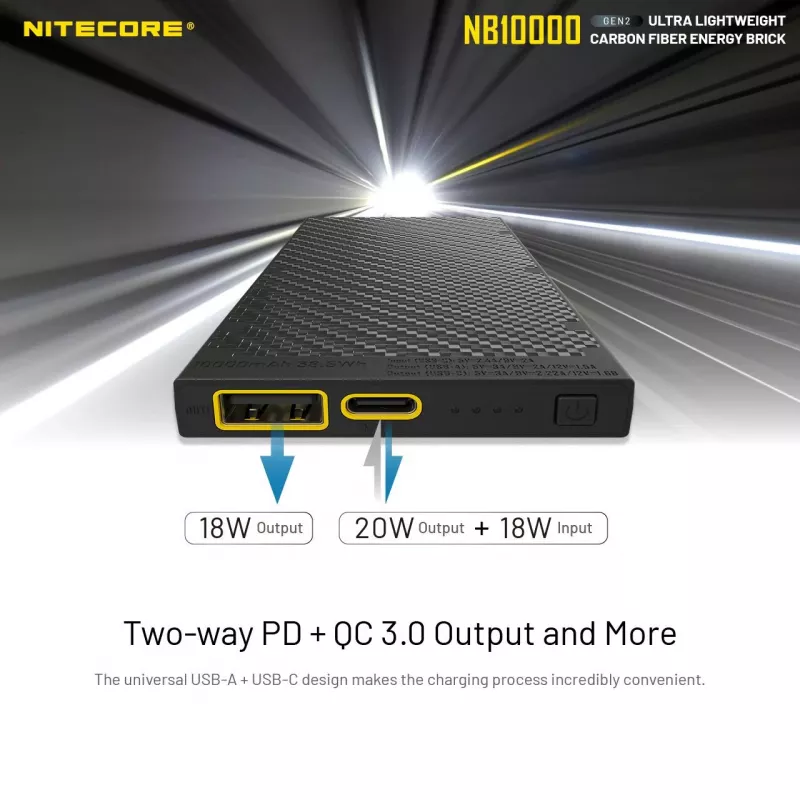 Portable Power Bank Nitecore NB10000 — 10000 mAh, USB‑A + USB‑C, 38W total output, hall