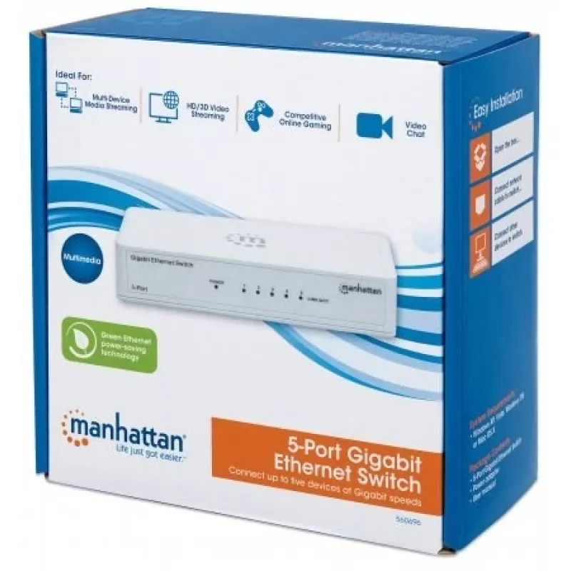 Manhattan 5-pordine gigabitine Etherneti kommutaator, lauaarvuti suurus, plastist, IEEE 802.3az (energiatõhus Ethernet), kolmeaastane garantii, karp