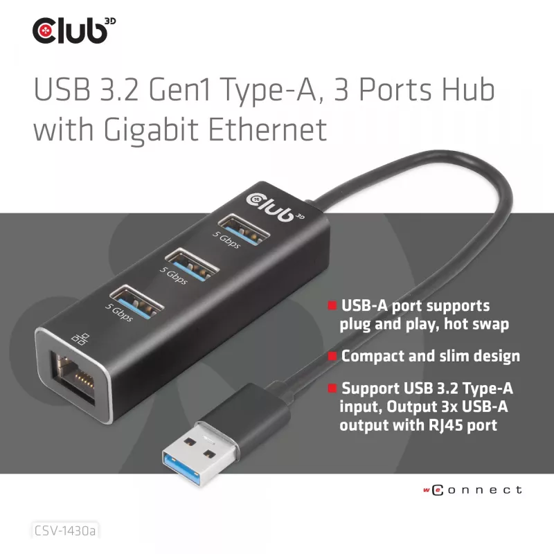 USB jaotur CLUB3D USB 3.2 Gen1 Type-A 3 pordiga ja Gigabit Ethernetiga