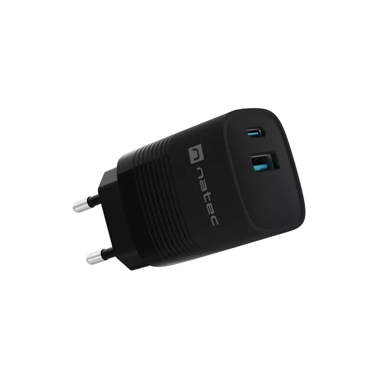 NATEC juhtmega mobiilseadme laadija NUC-2141, 30W, USB-C PD 3.0 + USB-A QC 3.0, 110–240V, must