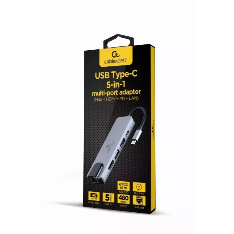 Sülearvuti dokkjaam Gembird A-CM-COMBO5-04 — USB 3.2 Gen 1 USB-C, 5 Gbit/s, PD 87 W, HDMI, Ethernet, USB-A