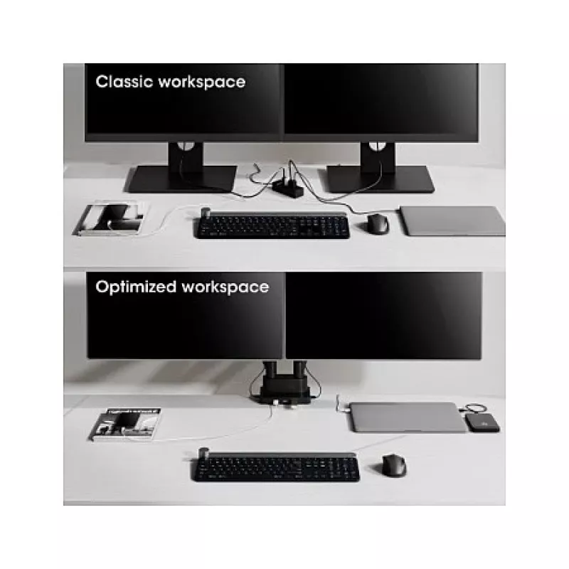 Manhattan Dual Desk Mount for TV & Monitors (Full Motion Gas Spring) with built-in Dock, For screens to 27 inch, Ports (x7): Ethernet,HDMI (x2),USB-A (x3) and USB-C,Power Delivery (100W) to USB-C Port (Separate USB-C wall charger/kaabel needed),VESA: 75x75 and 100x100mm