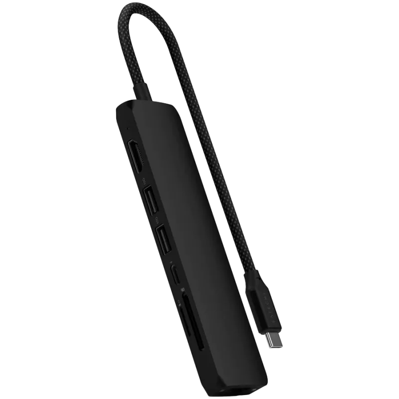 Satechi 7-ühes USB-C Slim Multiport Adapter Ethernet (USB-C PD, 2x USB-A, HDMI 4K, Ethernet, mälukaardilugeja micro/SD) (Must)