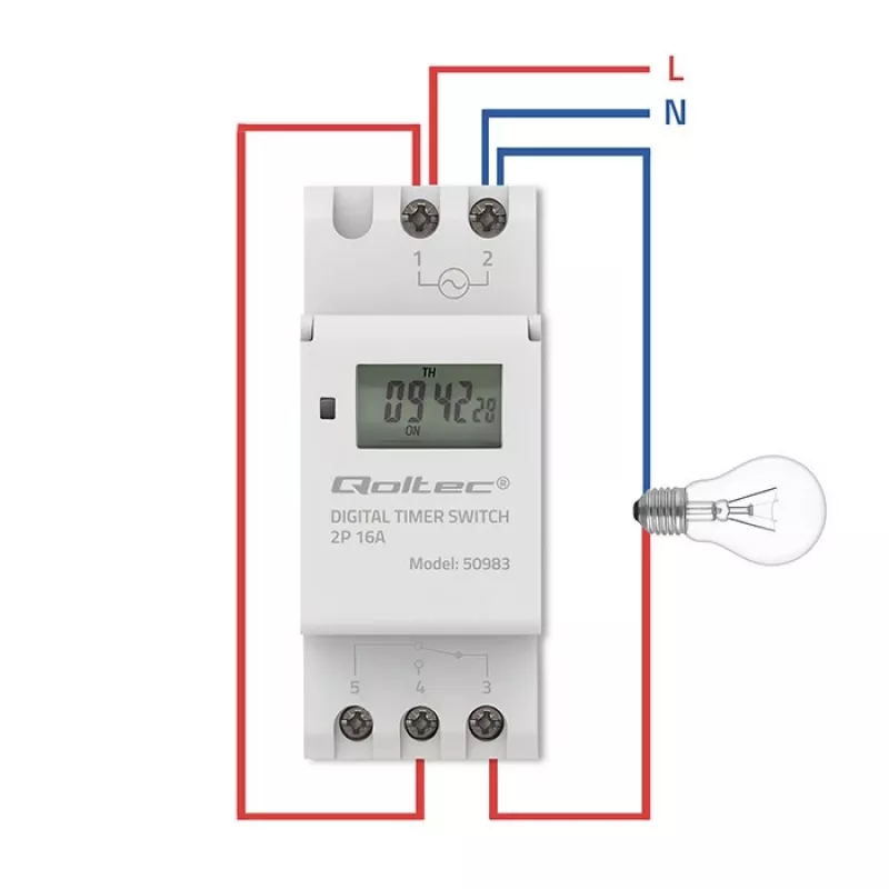 DIN-liistu elektrooniline taimerlüliti QOLTEC 50983, akutoitega, automaatikaskeemidele
