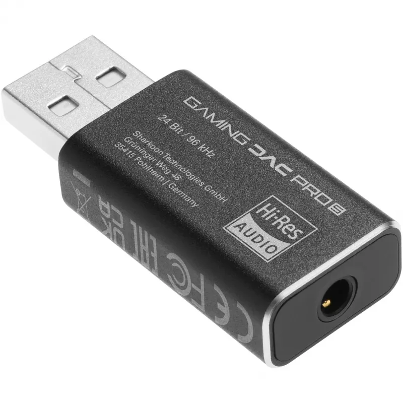 Sisemine USB Type-A – 3,5 mm DAC-adapter Sharkoon DAC Pro S — 2 V väljund, must, kompaktne (42×17,3×9,7 mm)