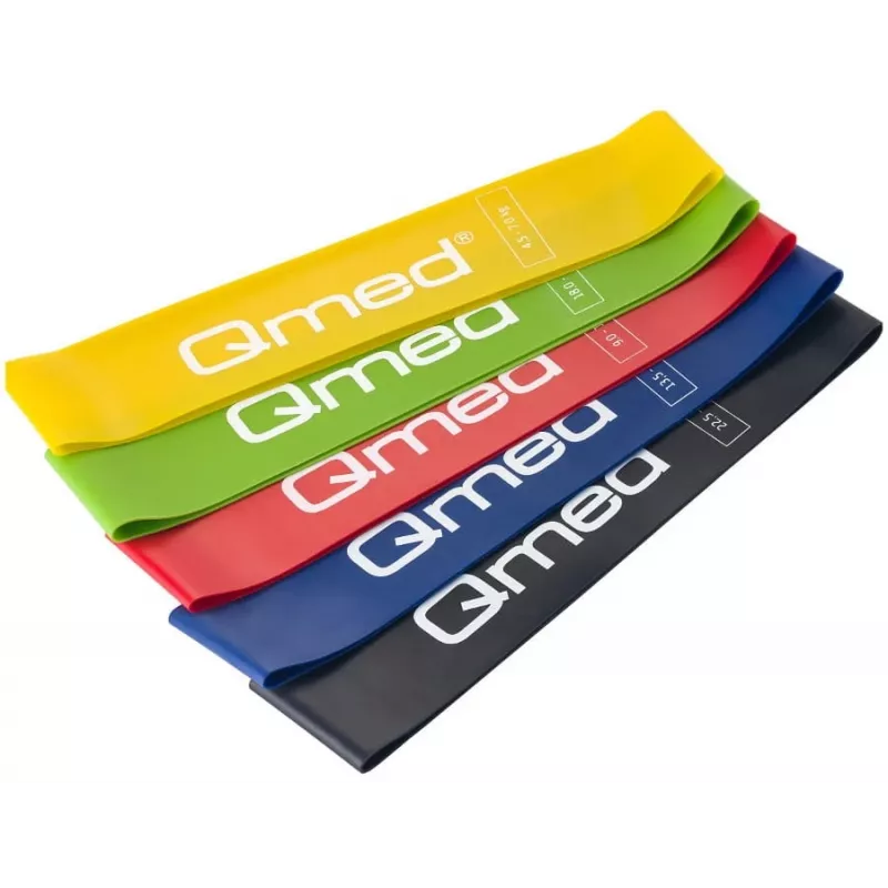 Resistance Exercise Band Set MDH DRQM3MYYSETP — 5 silmusriba (pikkus 50 cm), lateks, laiused 5 cm, koormused 4,5–31,5 kg