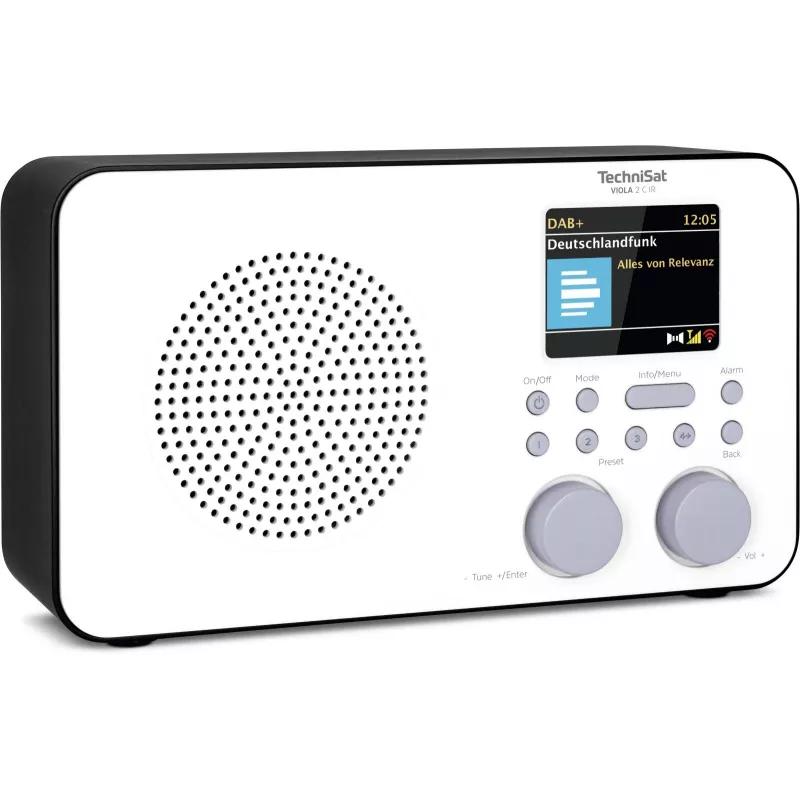 Internetiraadio TECHNISAT VIOLA 2 C IR — Analoog- ja digituuner, DAB+/FM, Wi‑Fi, 3 W, 2,4-tolline TFT, 3,5 mm, must/valge
