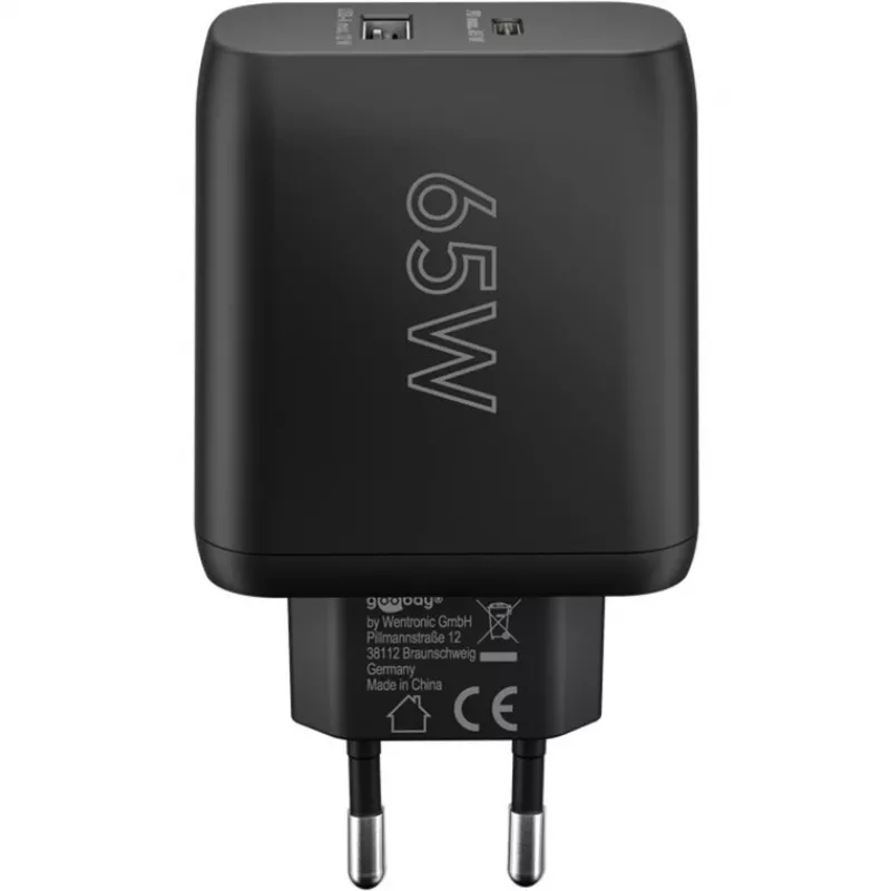 USB-C kahekiirlaadija, PD, GaN, 65 W (must, 1× USB-C, 1× USB-A, Power Delivery)