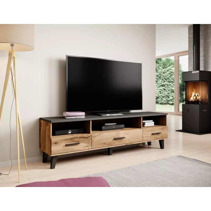 TV-alus Cama Meble LOTTA 180 cm — Wotan tammepuidust raam, matt must pealisplaat, 1800×400×530 mm