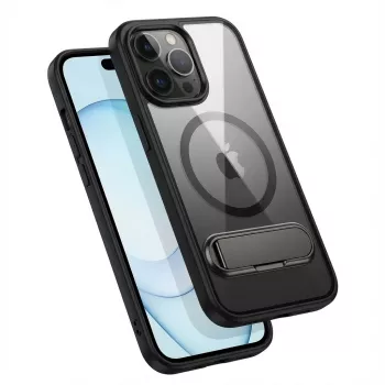 Kaitsev GUAN-ümbris iPhone 16 Pro Maxile — karastatud klaasist tagapaneel, integreeritud tugijalg, läbipaistev must