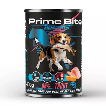 PRIME BITE Monoprotein Forell maguskartuliga - märg koeratoit - 400g