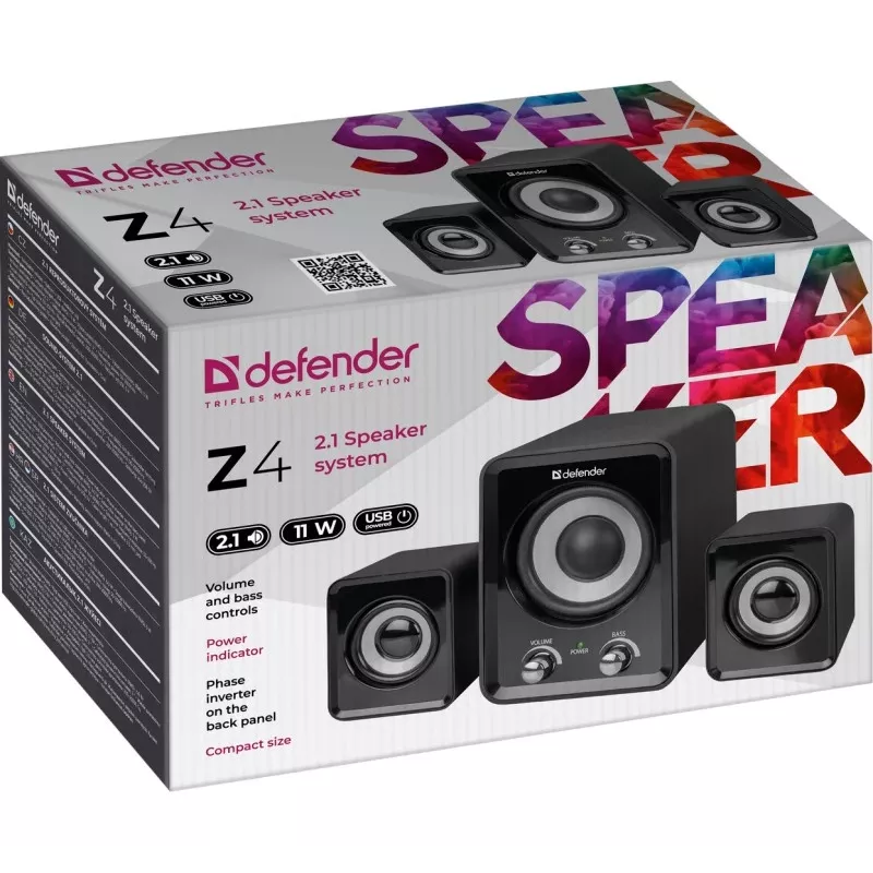 DEFENDER Z4 juhtmega 2.1 kõlarid, 11 W RMS, mustad, USB 5V toide, 3,5 mm kõrvaklapi väljund