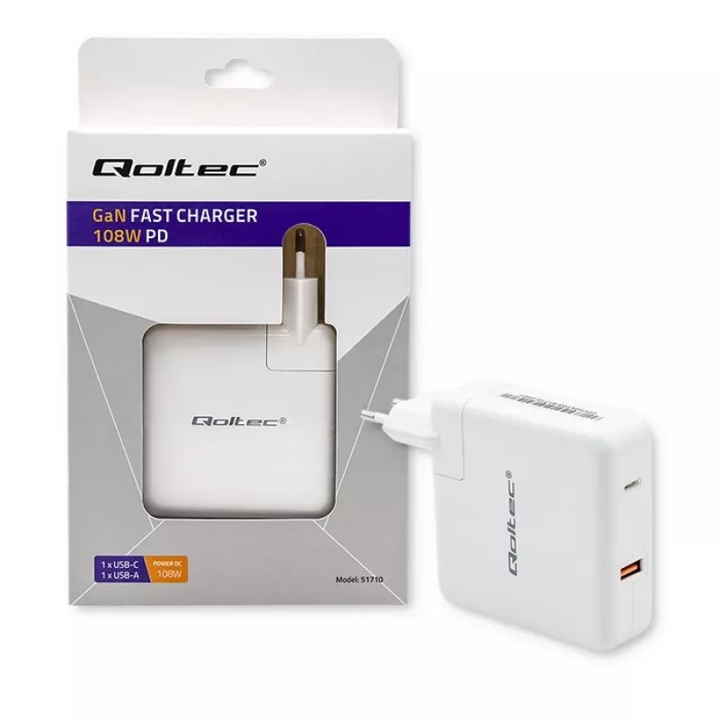 Qoltec GaN laadija FAST 108W | 5-20V | 3-4.7A | USB C | Valge