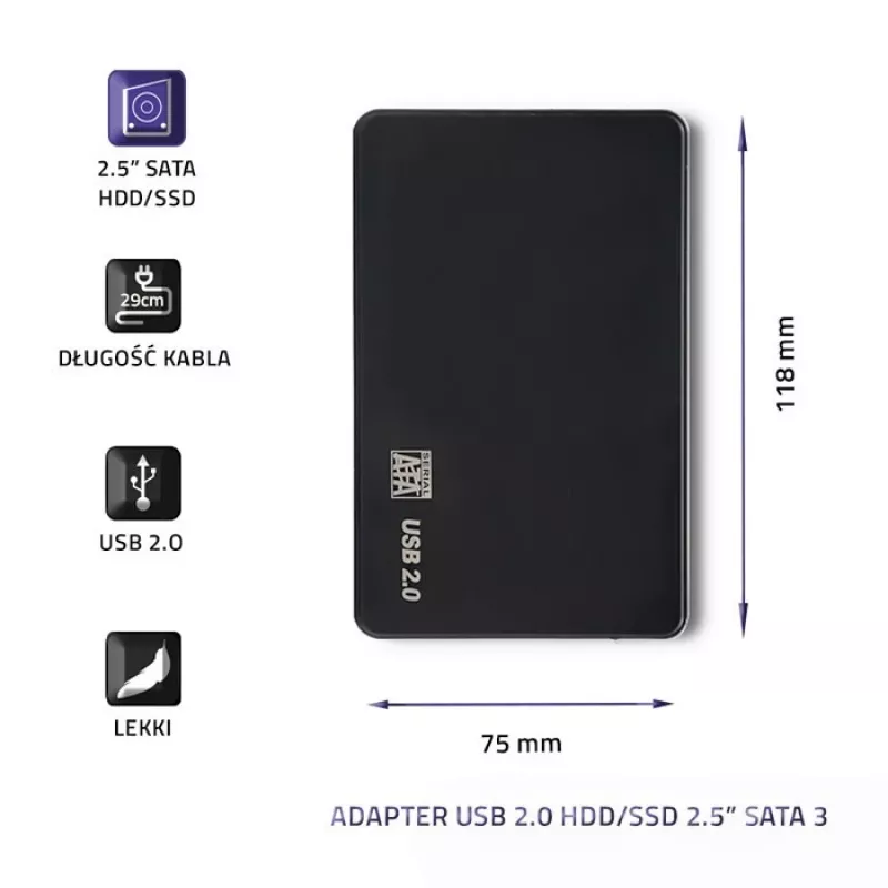 Kõvaketta adapter QOLTEC 51862 USB 2.0 2.5-tollise SATA3 HDD/SSD jaoks