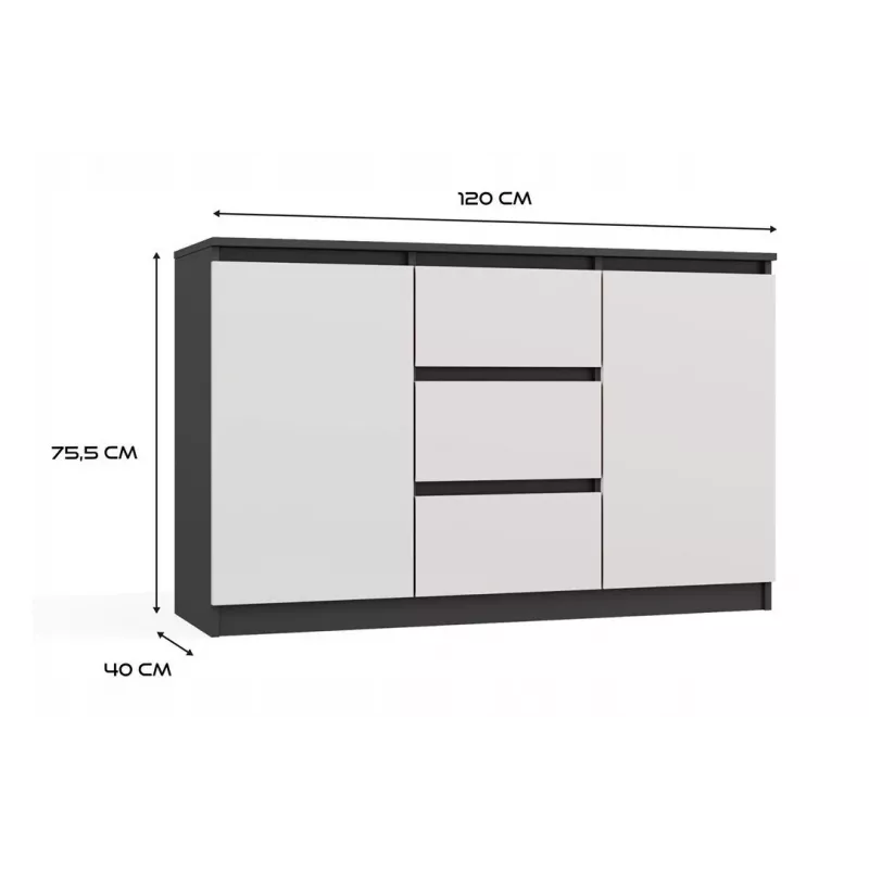 Kummut 2 ust 3 sahtlit top e shop M-MP-K-MAL-2D3S-ANTBIA — antratsiidist raam, valged uksed, 1200×750×400 mm