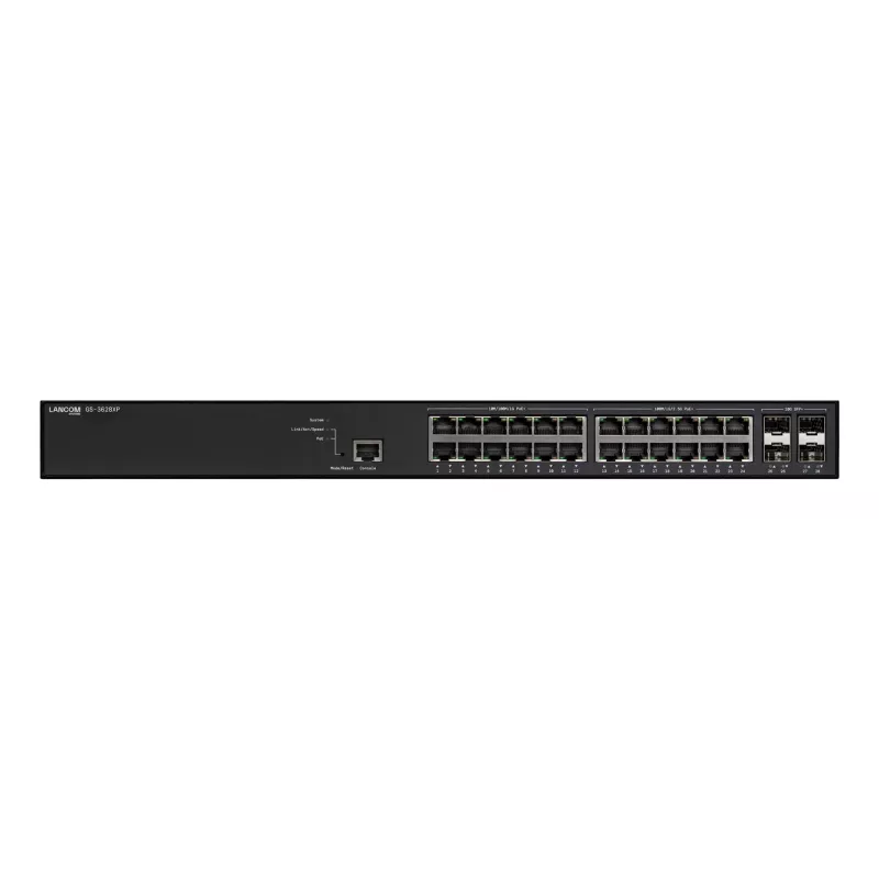 Hallatav LANCOM GS-3628XP kommutaator, 24× 2.5G RJ-45 porti, PoE, L2/L3, 1U raamile paigaldatav
