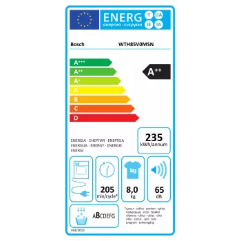 Boschi soojuspumbaga kuivati | WTH85V0MSN | Energiaklass E | Eestlaetav | 8 kg | LED | Sügavus 61 cm | Valge