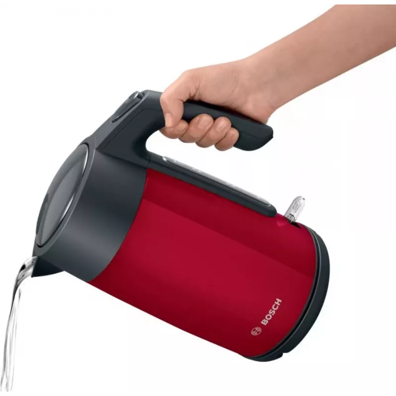 Elektriline veekeetja Bosch TWK7L464 — 1,7 L maht, 2400 W, punane, plastikust korpus
