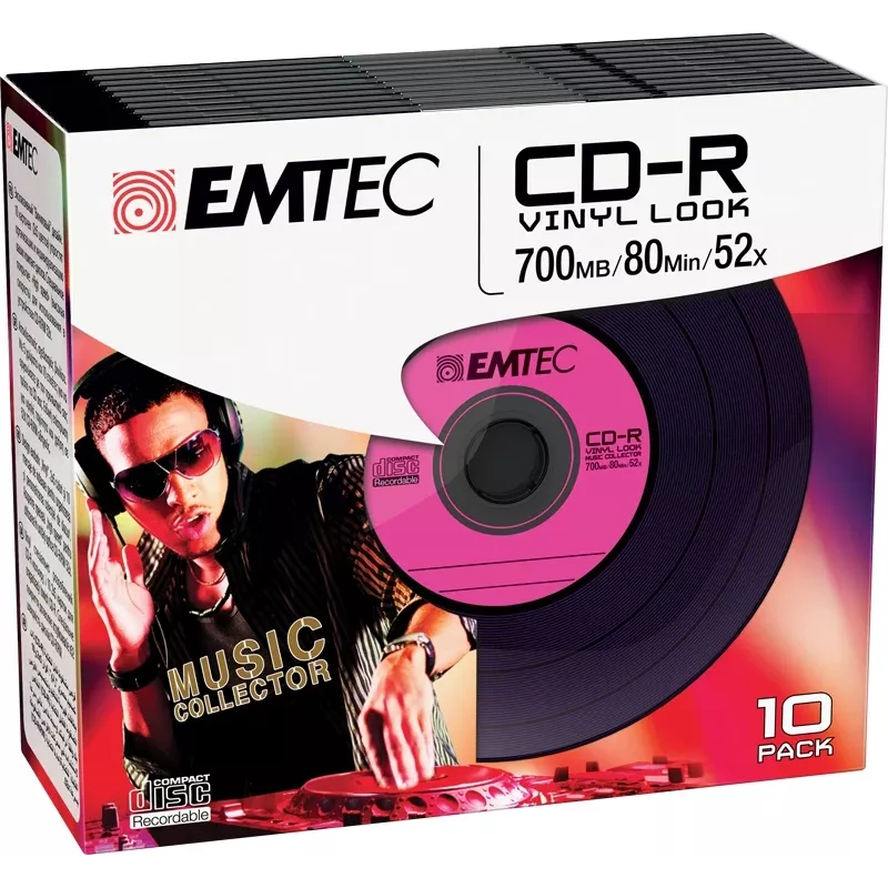 EMTEC Vinyl Look - 10 x CD-R - 700 MB (80 Min) 52x - sinine, kollane, lilla, roheline, roosa - Slim Jewel Case