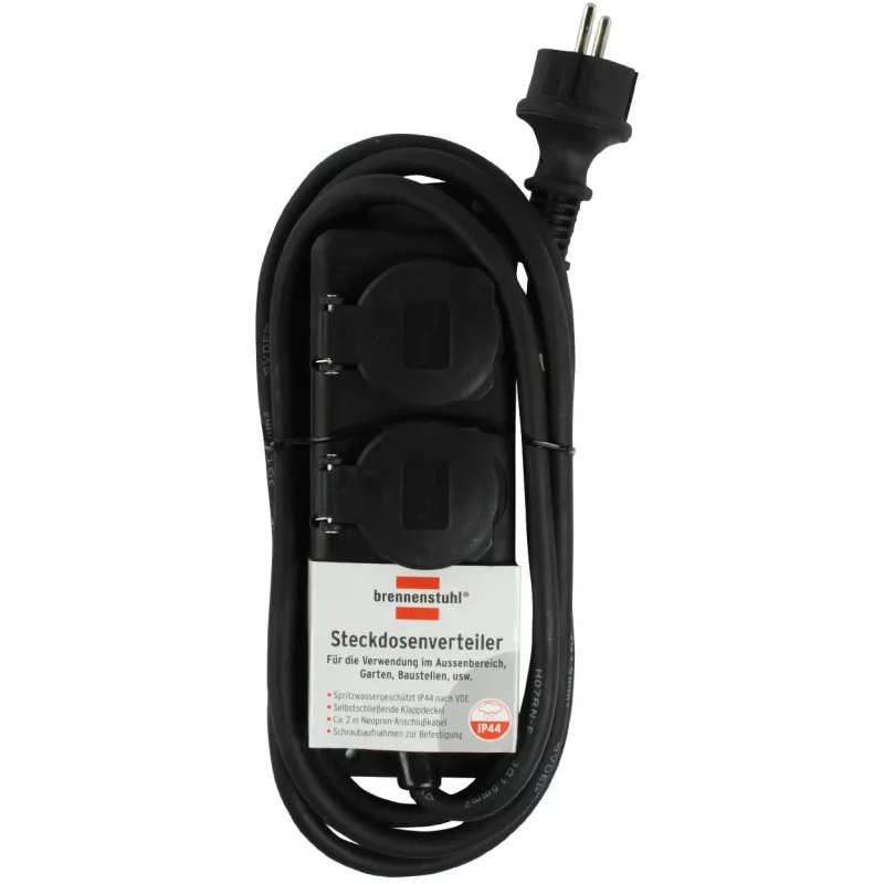 Brennenstuhl pikenduspesa IP44 2-suunaline must 2,0m H07RN-F 3G1,5 - Pikendusjuhe - AC 230 V - väljundpistikud: 2 - 2 m (1159930)