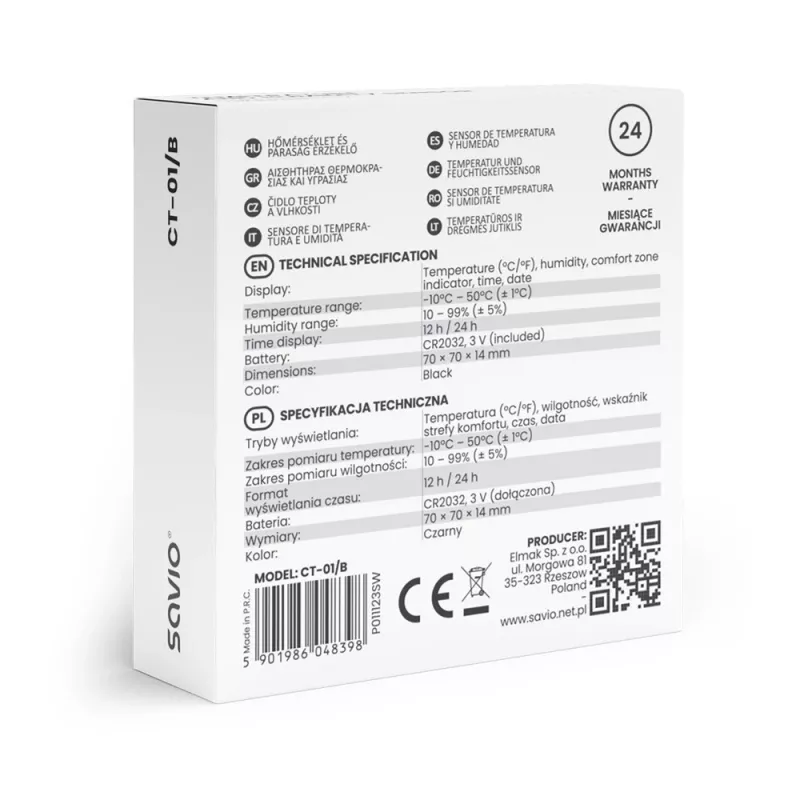 Sise temperatuuri ja niiskuse andur SAVIO CT-01/B eraldiseisev, LCD, -10–55°C, 10–99% RH, CR2032