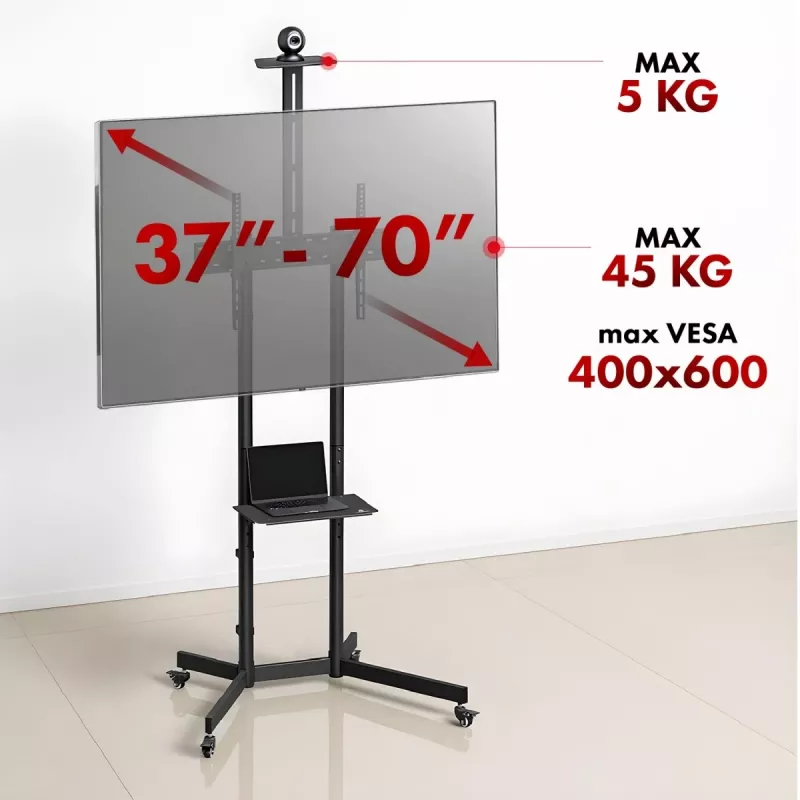 Maclean mobiilne TV alus/kärul, kaamerariiuliga, ratastel, 37-70, max koormus 45kg/5kg riiul, max VESA 600x400, MC-113 B
