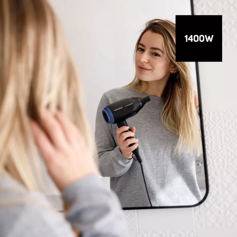Föön Taurus Studio Glow 1500 — 1400 W, 3 kuumusastet, 2 kiirust, kokkupandav, riputatav, must