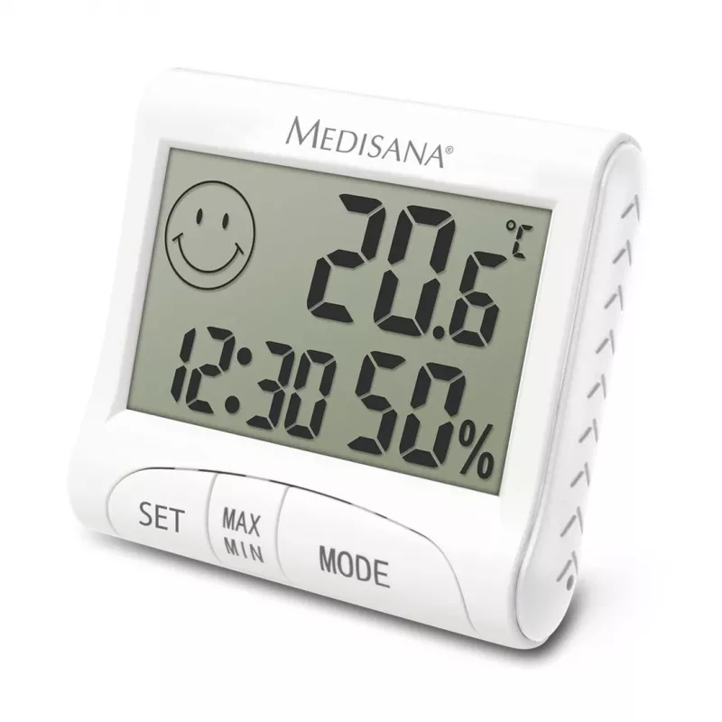 Elektrooniline sisehügromeeter Medisana HG 100 — digitaalne termomeeter, niiskus 20–90%, temp -10–50 °C, lauaekraan, aku AAA