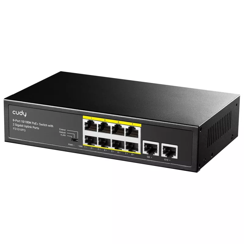 Võrgulüliti Cudy FS1010PG — 10/100 Mbps, 8 PoE-porti, 2 uplinki, 120W PoE-eelarve, metallkorpus