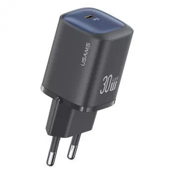 usams 30W GaN USB-C kiirlaadija USA001446 — 30W USB-C PD kaasaskantav seinapidur, must