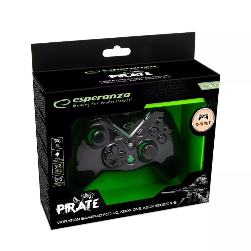 Gamepad Esperanza EGG114K juhtmega USB 2.0 must — 12 nuppu, 2 juhtkangi, vibratsioon, PC-le ja Xbox Series X/S/One'ile