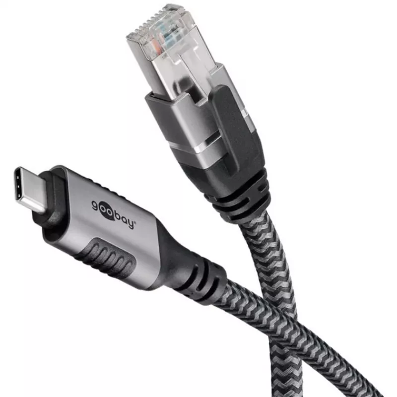 Ethernet-kaabel USB-C 3.2 Gen2 pesa > RJ-45 pistik (must/hõbedane, 5 meetrit, punutud tekstiilümbris)