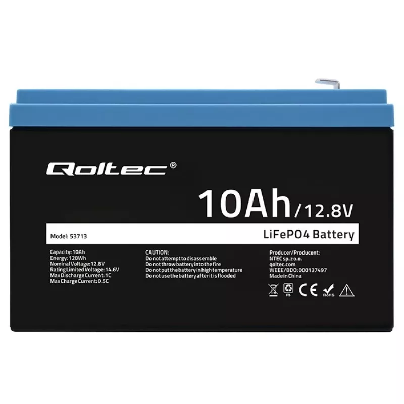 Laetav LiFePO4 aku QOLTEC 10Ah 12.8V 128Wh sisseehitatud BMS-iga
