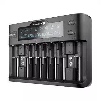 Akulaadija everActive UC-800 AC 12V 3A — LiFePO4/LiPo/NiMH, toetab AA/AAA/9V, kuni 10 akut, 12 V sisend, sisseehitatud ekraan, must