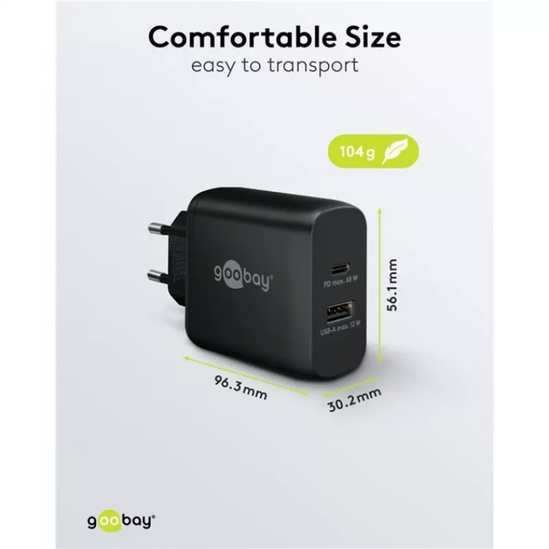 USB-C kahekiirlaadija, PD, GaN, 65 W (must, 1× USB-C, 1× USB-A, Power Delivery)