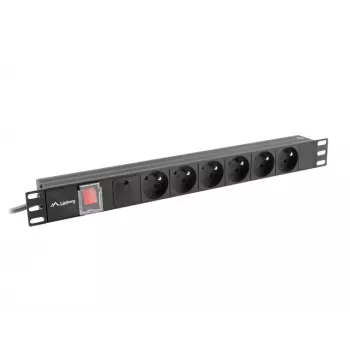 Toitejaotusseade LANBERG PDU-06E-0200-BK — 6x E-tüüpi pistikupesa, 16 A, 2 m kaabel, 1U riiul, 220–250 V