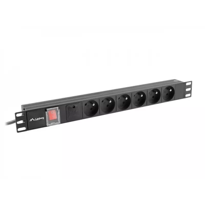Toitejaotusseade LANBERG PDU-06E-0200-BK — 6x E-tüüpi pistikupesa, 16 A, 2 m kaabel, 1U riiul, 220–250 V