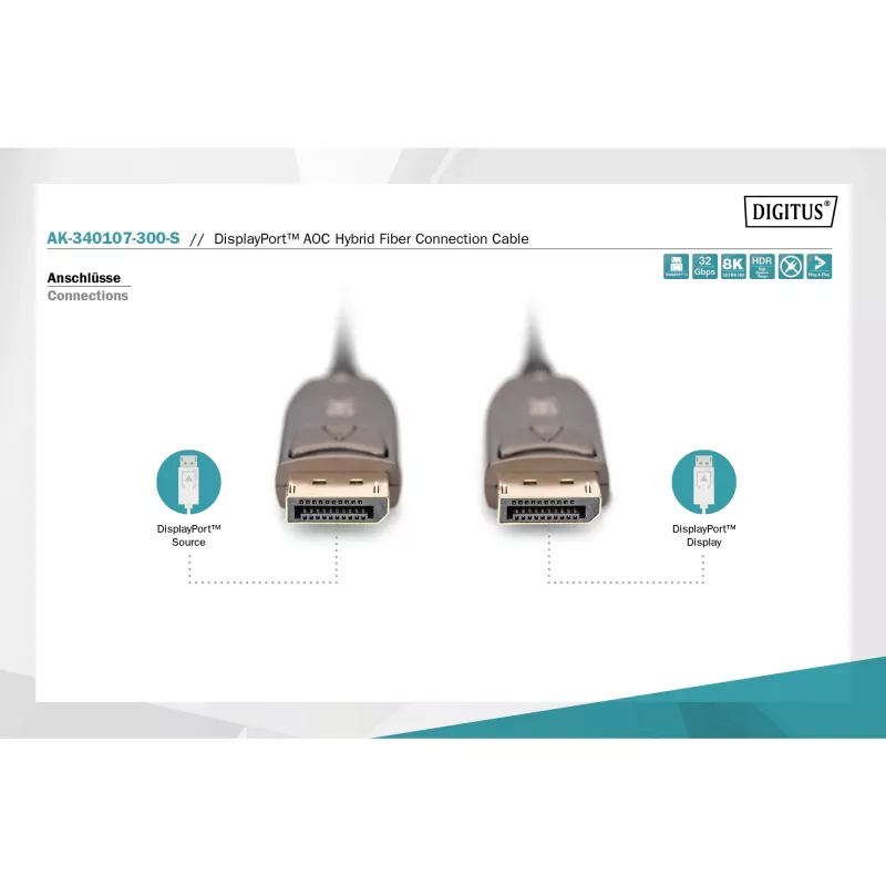 DisplayPort AOC hübriidkiudoptiline kaabel, UHD 8K (must, 30 meetrit)