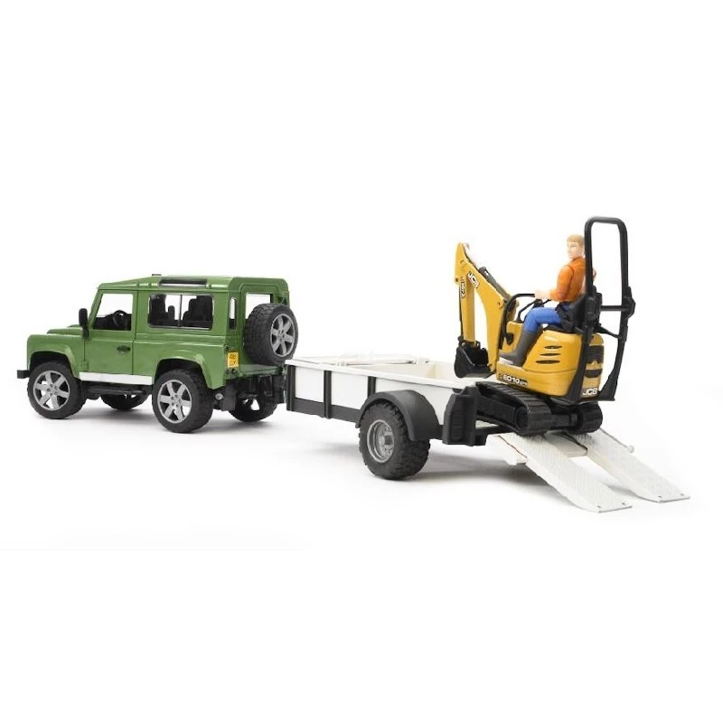 Mängusõiduk BRUDER Land Rover Defender haagise CAT ja mehega