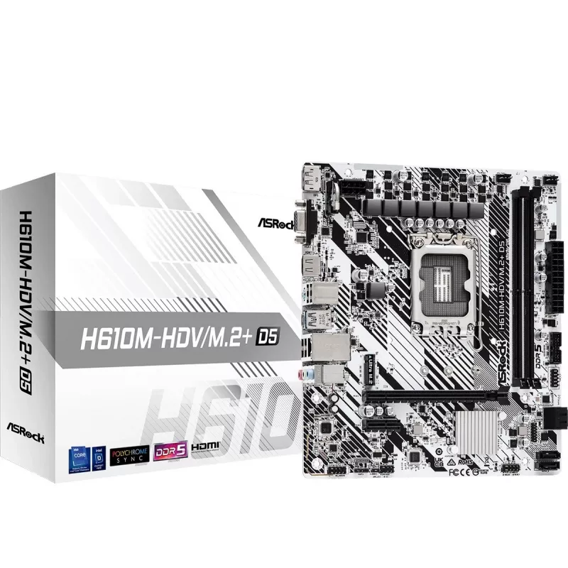 Emaplaat ASRock H610M-HDV/M.2+ D5 — Intel H610, LGA 1700, microATX, 2× DDR5 DIMM, M.2, HDMI 2.1, DP 1.4