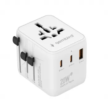 Reisiadapter GEMBIRD TPA-1A2C20-01-W — 20 W, USB-A (18 W) + 2× USB-C (20 W), Type E pistik, valge