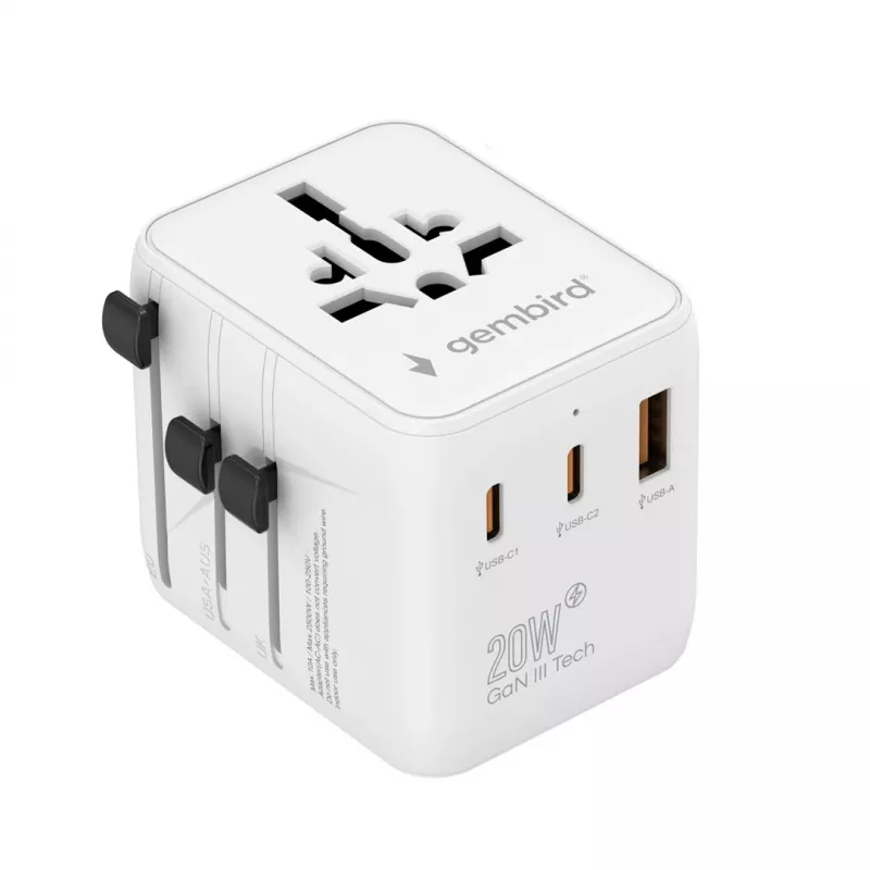 Reisiadapter GEMBIRD TPA-1A2C20-01-W — 20 W, USB-A (18 W) + 2× USB-C (20 W), Type E pistik, valge