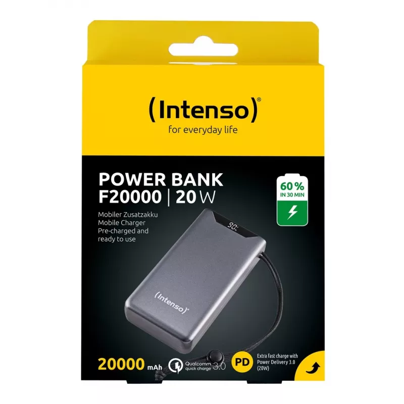 Akupank INTENSO 7332054 — 20000 mAh, PD 3.0 ja QC 3.0, 20 W, USB-A + USB-C, hall