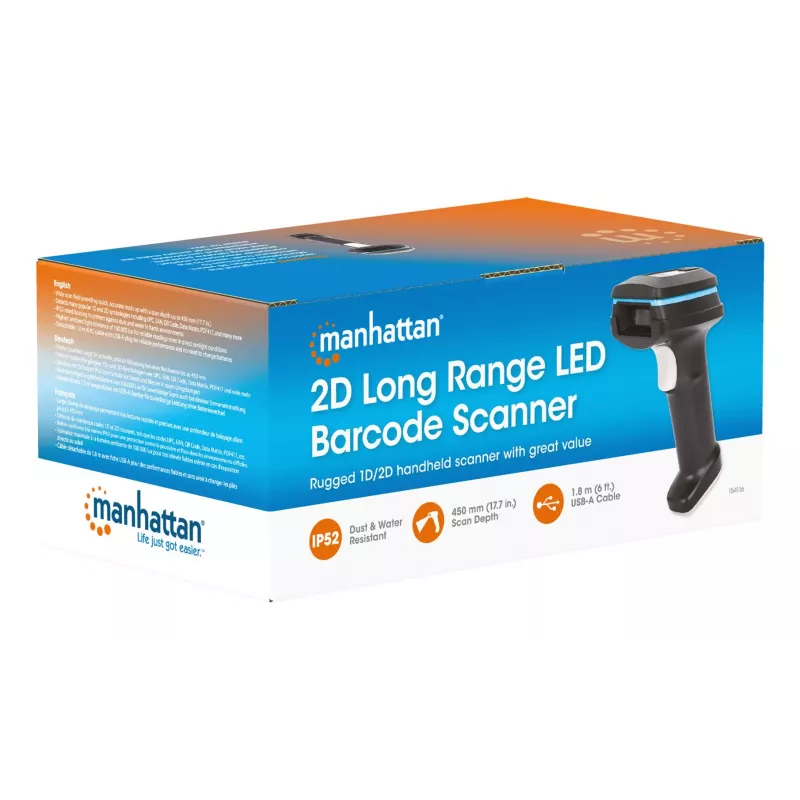 Manhattan 2D pikamaa LED-vöötkoodiskanner, USB, 450 mm lugemissügavus, maksimaalne ümbritseva valguse taluvus 100 000 luksi (päikesevalgus), toetab sümboleid – 1D (x21 versiooni) ja 2D (x10 versiooni), skanneri RJ45–USB 1,8 m kaabel (kõige levinum tüüp, USB-A), must, 3-aastane garantii